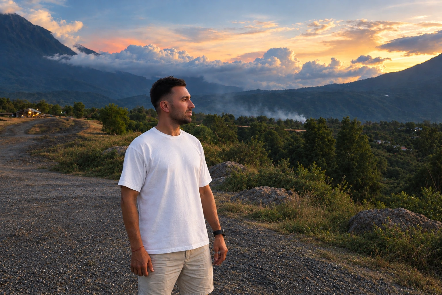 Andrew, founder of CREON Studio, at sunset in the mountains