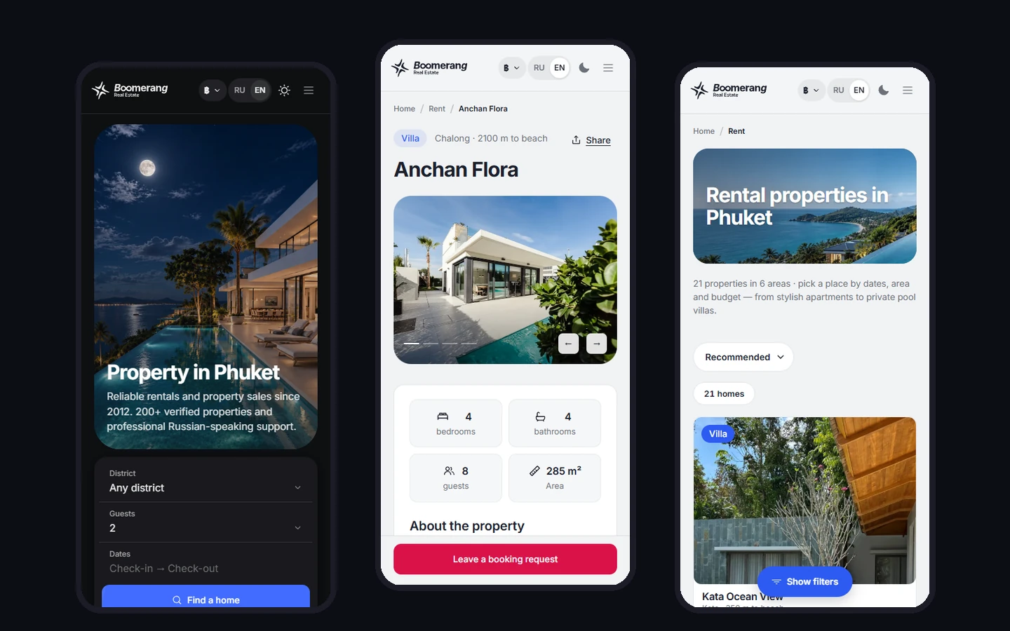 Boomerang Real Estate – mobile pages in light and dark theme