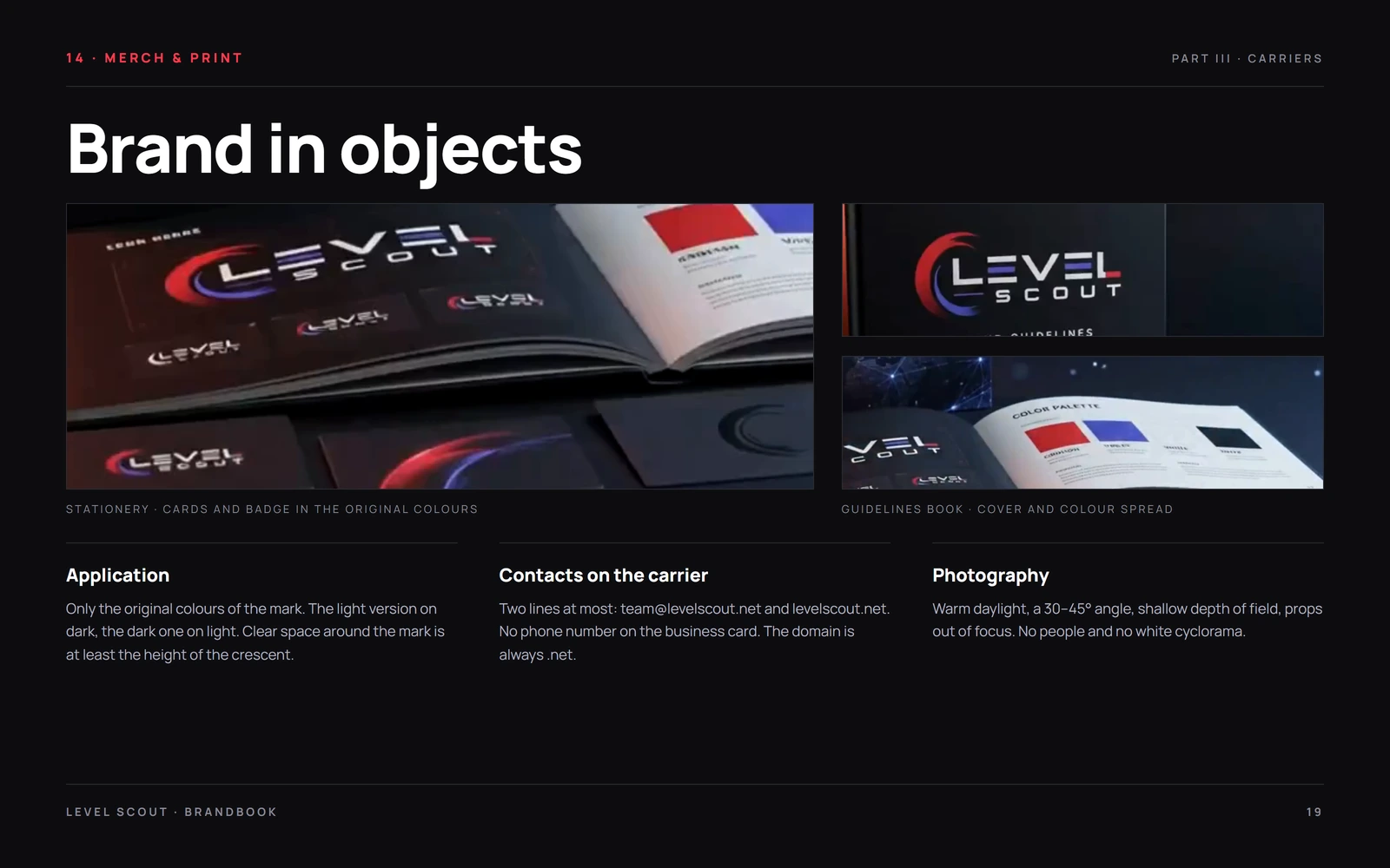 Level Scout brandbook – merch and print page